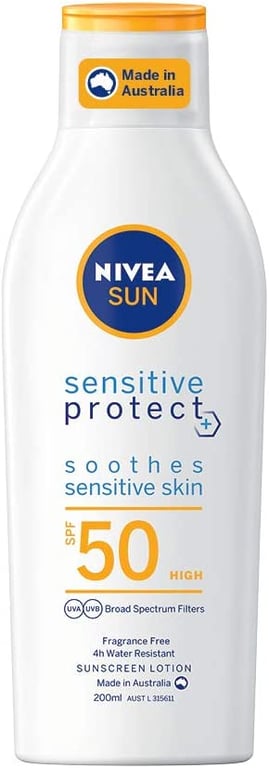 NIVEA SUN Sensitive Protect Sunscreen SPF50 (200ml), Fragrance-Free and 4 Hour Water Resistant, Moisturising Sunscreen for Sensitive Skin with Aloe Vera & Chamomile, Made in Australia
