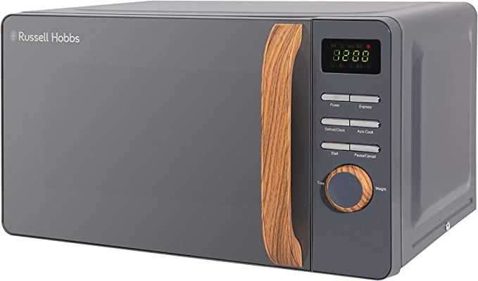 Russell Hobbs RHMD714G 17 L 700 W Scandi Grey Digital Microwave with 5 Power Levels, Wood Effect Handle & Dials, Clock & Timer, Automatic Defrost, Easy Clean, 8 Auto Cook Menus