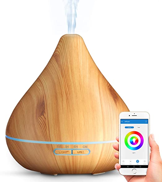 GX·Diffuser Smart Wi-Fi Diffuser, humidifier, Quiet Operation， Works with Alexa & Google Home， APP Voice Control, 300ml Room Humidifier For Yoga, Family and Sleep, Waterless Auto-Off (Half wood grain)