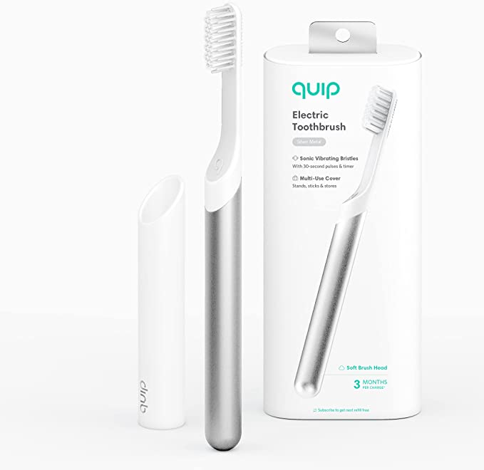 Quip Adult Electric Toothbrush - Sonic Toothbrush with Travel Cover & Mirror Mount, Soft Bristles, Timer, and Metal Handle - Silver