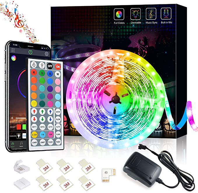 Romwish LED Strip Lights 5M 16.4ft, Bluetooth 5050 RGB Color Changing LED Lights, Music Sync Dance, 44 Keys Remote Controll & Mobile APP Controller, Timing Function for Bedroom, TV, Party, DIY Decora