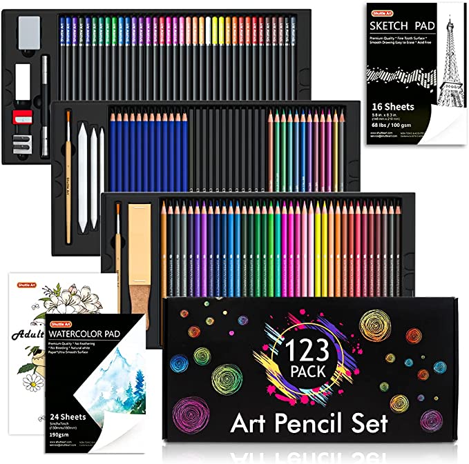 Colouring Pencil Kit, Shuttle Art 123 Pack Art Pencils Set, 36 Watercolour Pencils, 36 Oil Based Pencils,12 Sketch Pencils,12 Metallic Colour Pencils,12 Charcoal Pencils,15 Pieces Drawing Kit, Great for Kids Adults