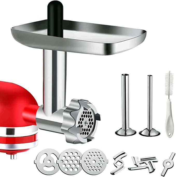 Metal Food Grinder Attachment for KitchenAid Stand Mixers, G-TING Meat Grinder Attachment Included 2 Sausage Stuffer Tubes, 3 Grinding Blades, 3 Grinding Plates