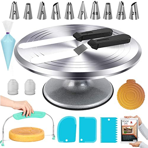 RFAQK 50-in-1 Aluminum Alloy Rotating Cake Turntable-12 Revolving Cake Stand- Professional Cake Decorating Supplies Kit with Straight & Offset Icing Spatula-Numbered Icing Tips & Piping Bags-Leveler