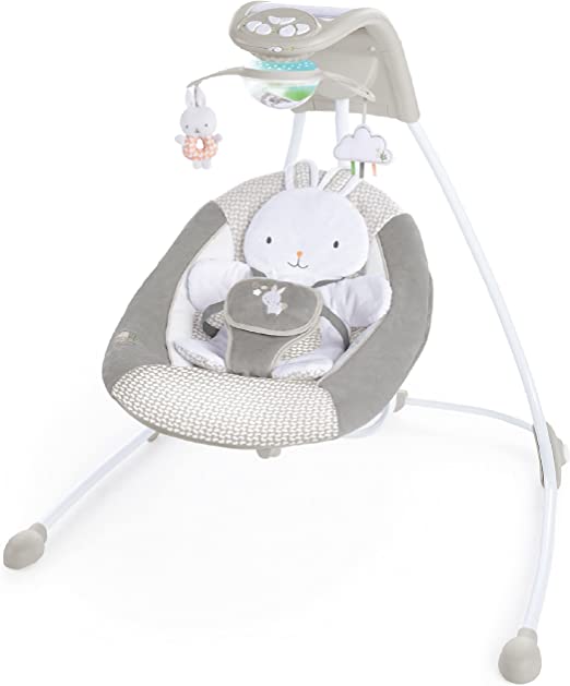 Ingenuity InLighten 6-Speed Baby Swing - Easy-Fold Frame, Swivel Infant Seat, Nature Sounds, Light Up Mobile - Twinkle Tails Bunny