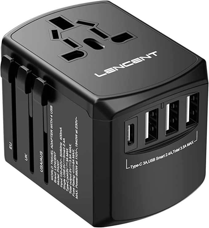 LENCENT Universal Travel Adapter, International Charger with 3 USB Ports and Type-C PD Fast Charging Adaptor for iPhone, Samsung, Tablet, Gopro. for Over 200 Countries Type A/C/G/ I (USA, UK, EU AUS)