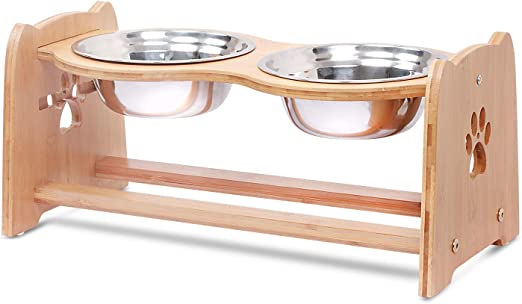 X-ZONE PET Raised Pet Bowls for Cats and Dogs, Adjustable Bamboo Elevated Dog Cat Food and Water Bowls Stand Feeder with 2 Stainless Steel Bowls and Anti Slip Feet (Height 4.7" to 7")