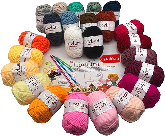LovLim Crochet Yarn kit , 24 Soft Cotton Yarn skeins, 1500+ Yards, for Crochet and Knitting, Craft DK Yarn, Free Crochet/Amigurumi Patterns, Perfect Starter kit