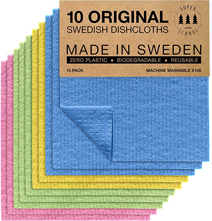 SUPERSCANDI Made in Sweden Dish Cloths Eco-Friendly Paper Alternative Assorted Colors 10 Pack Reusable Compostable Kitchen Dish Cloths & Rags