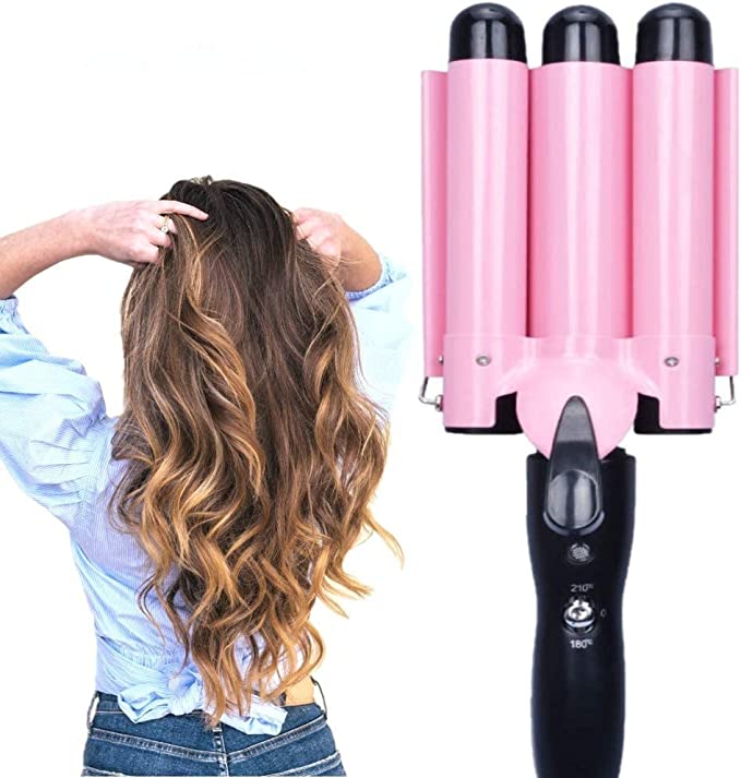 Ausale Curling Iron 3 Barrel Hair Waver Stylish Fast Heating Hair Curlers Temperature Adjustable Ceramic Beach Waver Hair Curlers New Hair Styling Tools (Pink) (28mm)