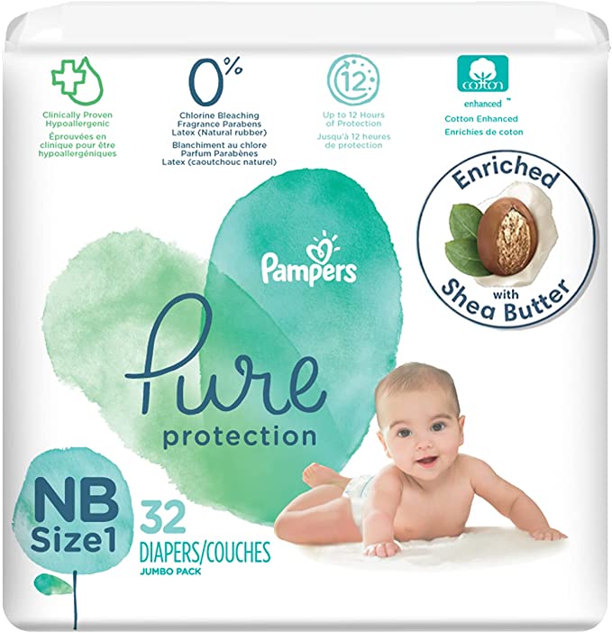 Diapers Newborn/Size 1 (8-14 lb), 32 Count - Pampers Pure Protection Disposable Baby Diapers, Hypoallergenic and Unscented Protection, Jumbo Pack (Packaging May Vary)