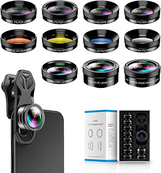 11 in 1 Phone Camera Lens Kit - Wide Angle Lens & Macro Lens+Fisheye Lens/ND32/kaleidoscope/CPL/Color Lens Compatible with iPhone Samsung Huawei and Most of Smartphone