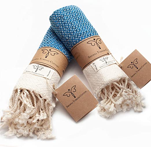 Smyrna Original Turkish Hand Towels Set of 2 | 100% Cotton, 16 x 40 Inches | Decorative Bathroom Peshtemal Towel for Hand, Face, Hair, Gym, Yoga, Tea, Dishcloth, Kitchen and Bath (Blue)
