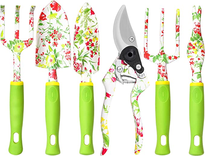 vanow Garden Tools Set, 5 PCS Heavy Duty Aluminum Garden Hand Tools Kit, Floral Print Gardening Tools Gifts for Women with Pruning Shears Weeder Hand Rake Shovel Cultivator