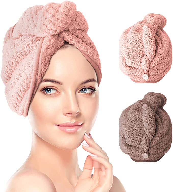 2 Pack Hair Dry Turban Towel Wraps, T Tersely Dry Hair Cap Quick Drying Lady Towel Superfine Fiber Bath Head Wrap