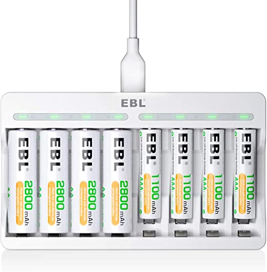EBL 8 Slots AA AAA Battery Charger and 4 AA and 4 AAA Rechargeable Batteries - 5V 2A Fast Charging Battery Charger & Battery Sets