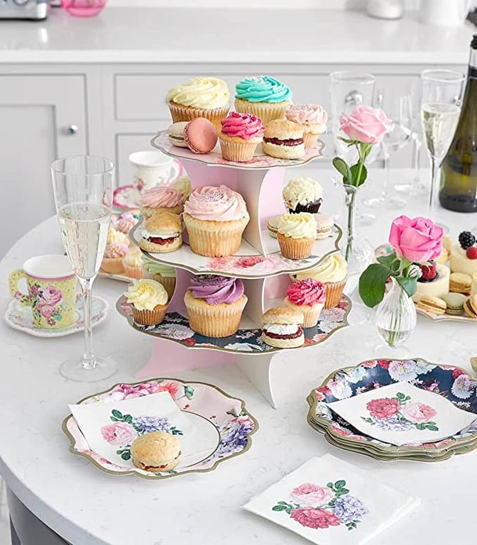 Floral Cake Stand Afternoon Tea Party Decoration | Truly Scrumptious | Reversible, Card, 3 Tiers, Double-Sided, Disposable | Food Stand For Birthday, Wedding, Mother's Day, Baby Shower