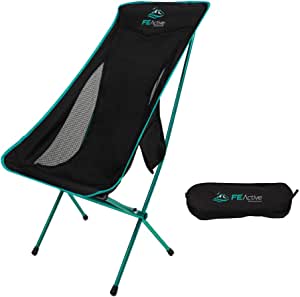 FE Active Camping Folding Chair - Extra Long Portable Compact Folding Beach Chair w/Headrest for More Comfort. Full Aluminum Joints for Hiking, Outdoors, Backpacking, Travel | Designed in California
