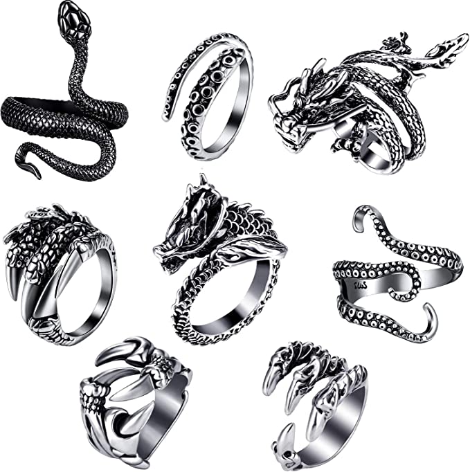 Hicarer 8 Pieces Vintage Punk Rings Dragon Snake Octopus Adjustable Ring, stainless steel