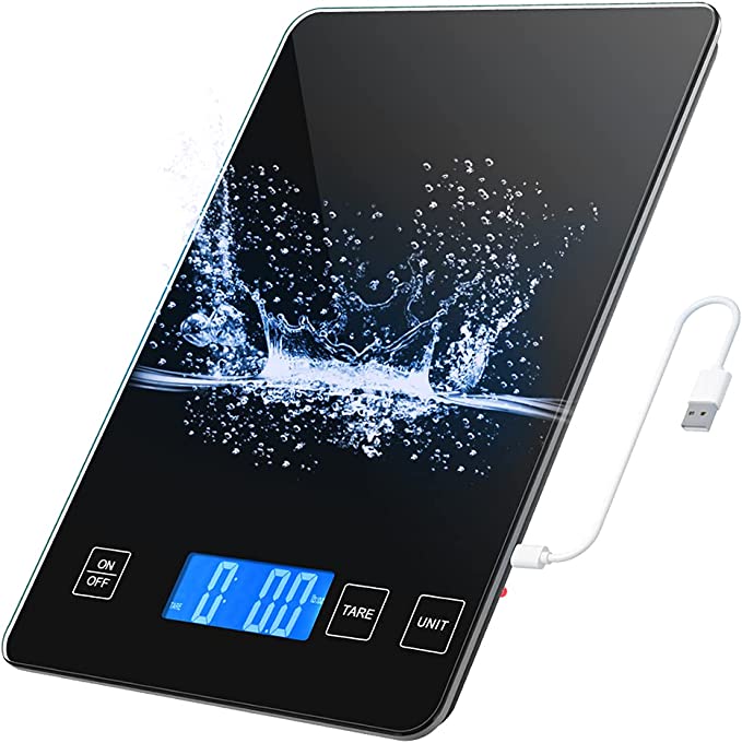 Digital Kitchen Scale, 10kg/22lb Food Scale, 1g/0.1oz Precise Graduation, Waterproof Tempered Glass Platform, High Accuracy Multi-Function Scale for Cooking Baking (Black, Battery Included)