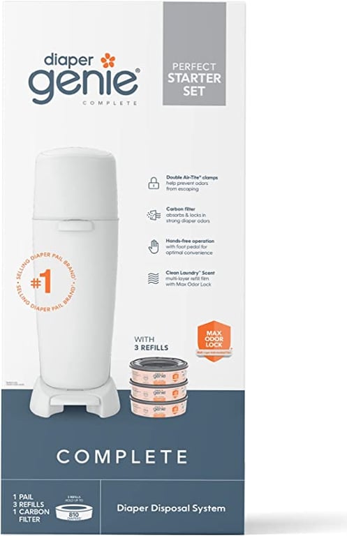 Diaper Genie Complete Diaper Pail (White) with Antimicrobial Odor Control | Includes 1 Diaper Trash Can, 3 Refill Bags, 1 Carbon Filter