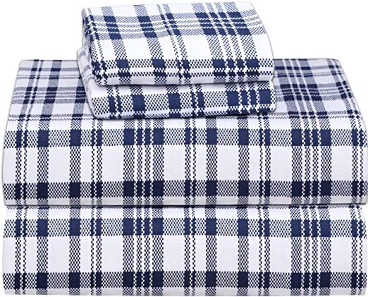 RUVANTI 100% Cotton 4 Piece Flannel Sheets Queen Blue White Plaid Deep Pocket -Warm-Super Soft - Breathable Moisture Wicking Flannel Bed Sheet Set Queen Include Flat Sheet, Fitted Sheet 2 Pillowcases