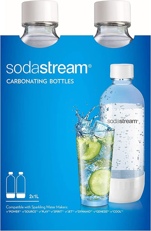 SodaStream Dishwasher Safe 1L Classic DWS Carbonating Bottle White (twinpack), Pack of 2