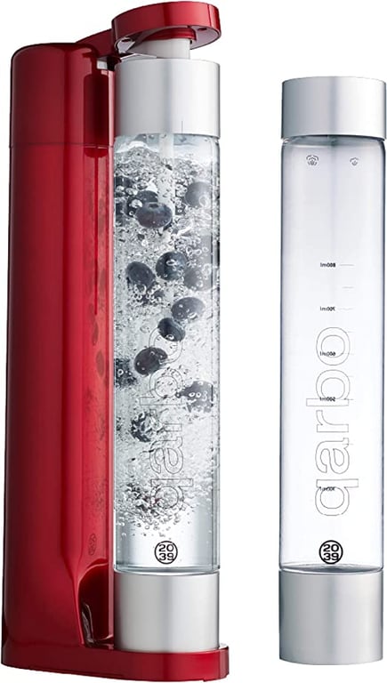 Twenty39 Qarbo Sparkling Water Maker and Fruit Infuser - Premium Carbonation Machine with Two 1L BPA Free Bottles - Infuses Flavor While Carbonating Beverages (Metallic Red)
