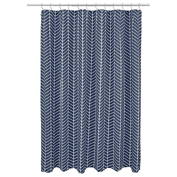 Amazon Basics Microfiber Navy Blue Herringbone Printed Pattern Bathroom Shower Curtain - Navy Blue Herringbone, 72 Inch