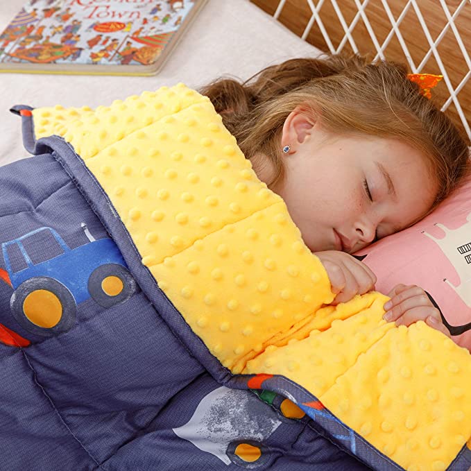 Buzio Weighted Blanket 2.3 kg for Kids, Ultra Cozy Minky Dotted and Cotton Heavy Blanket for Sleeping, 91x120 cm, Blue Car World