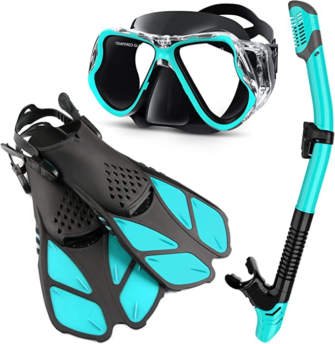 Zenoplige Mask Fins Snorkel Set Adults Men Women, Swim Goggles 180 Panoramic View Anti-Fog Anti-Leak Dry Top Snorkel and Dive Flippers Kit with Gear Bag for Snorkeling Swimming Scuba Diving Training