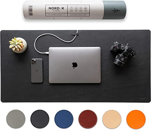 Nordik Leather Desk Mat Cable Organiser (Pebble Black 89 X 43 cm) Premium Extended Mouse Mat for Home Office Accessories - Felt Vegan Large Leather Desk Pad Protector & Desk Blotter Pads Decor