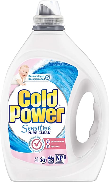 Cold Power Sensitive Pure Clean, Liquid Laundry Detergent, Fragrance Free and Dye Free, 2 Litres, 40 Washloads