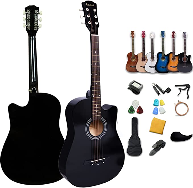 Rosefinch 38 inch Acoustic Guitar 3/4 Size Cutaway Basswood Guitar for Beginner Adults Childs Starter Bundle Kit (BLACK 38 inch)