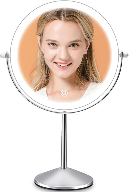 Makeup Vanity Mirror with LED Lights, 8 Inch Rechargeable Double Sided 10X Magnification, 3 Color Lighting, Dimmable Cosmetic Mirror with Touch Control 360°Rotation Light up Mirror Cord or Cordless
