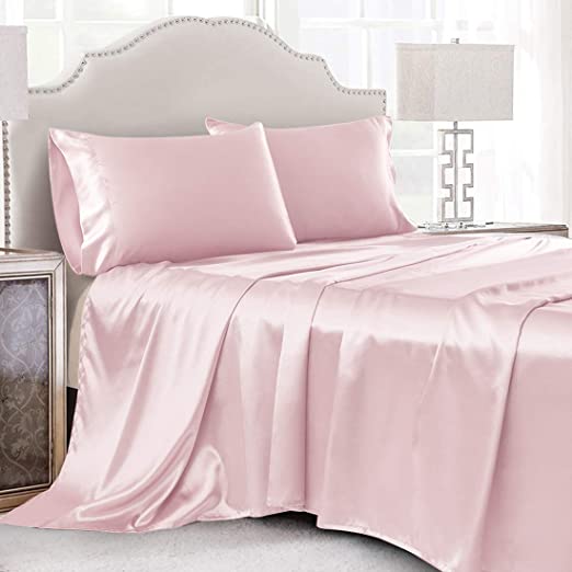 Cobedzy 4 Pcs Blush Pink Satin Sheets Queen Size Silky Satin Bedding Sheets Set with 1 Deep Pocket Fitted Sheet, 1 Flat Sheet, 2 Pillowcase