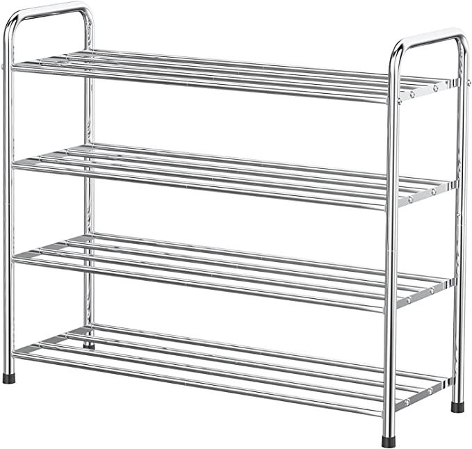 FANHAO 4 Tiers Stainless Steel Shoe Rack, Shoe Organiser Shoe Storage Shelf Organiser, Holds up to 12 Pairs of Shoes, for Living Room, Cloakroom and Hallway, 68 x 26 x 65cm (Silver)