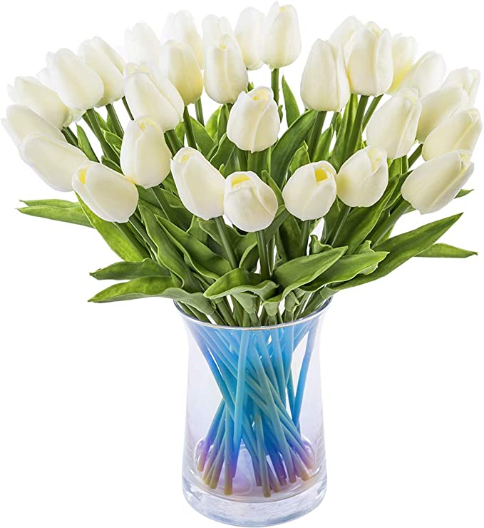 JOEJISN 30pcs Artificial Tulips Flowers Real Touch Tulips Fake Holland PU Tulip Bouquet Latex Flower White Tulip for Wedding Party Office Home Kitchen Decoration (Milk White)