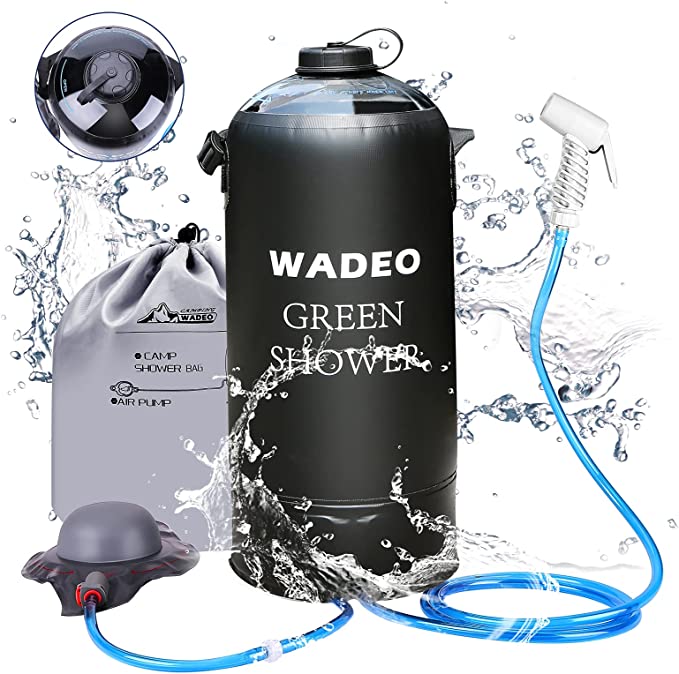 WADEO Upgraded Camping Shower, 12L 3 Gallons Portable Pressure Camping Shower Bag with Screw Lid, Pressure Foot Pump and Shower Nozzle for Beach Camping Swim Travel Hiking Trip