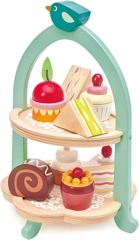 Tender Leaf Toys Birdie Afternoon Tea Cake Stand Toy – Wooden Realistic Cake and Pastry Tower for Children's Tea Parties