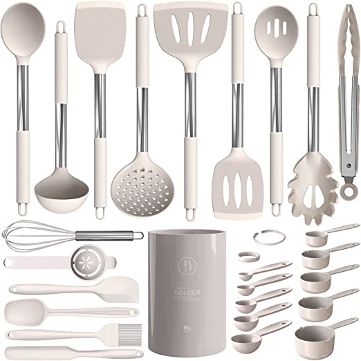 Silicone Cooking Utensils Set - Heat Resistant Kitchen Utensils,Turner Tongs,Spatula,Spoon,Brush,Whisk,Stainless Steel Gray Silicone Cooking Tool for Nonstick Cookware,Dishwasher Safe (Large)
