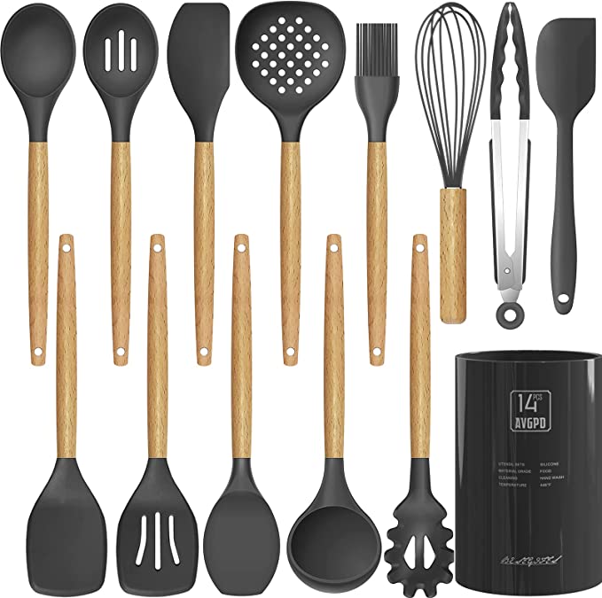 Silicone Cooking Utensils Kitchen Utensil Set - Heat Resistant Kitchen Utensils Spatula Set with Holder,Wooden Handle Silicone Kitchen Tools Gadgets for Non-Stick Cookware,BPA Free Grey