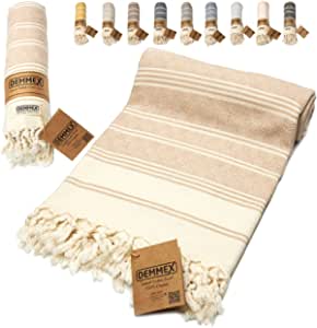 DEMMEX Oeko-TEX Certified 100% Organic Cotton & Organic Dye Prewashed XL Diamond Weave Turkish Towel Peshtemal Blanket for Bath,Beach,Pool,SPA,Gym,71x39 Inches (Beige)