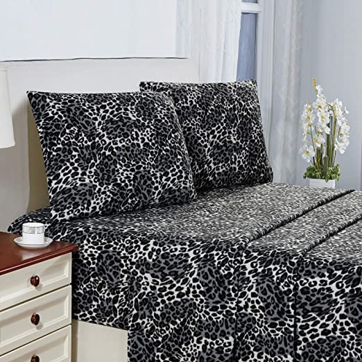 Viviland Plush Micro Fleece Leopard Printed Queen Bed Sheet Set - Soft Polar Fleece Velvet Sheets - Extra Warm Winter Flannel Bed Sheets with Deep Pocket -Animal Print - Queen