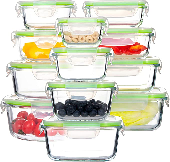 Glass Food Storage Containers with Lids, [24 Piece] Airtight Glass Storage Containers, 100% Leak Proof Glass Meal Prep Containers, BPA Free Glass Bento Boxes for Lunch (12 lids & 12 Containers)