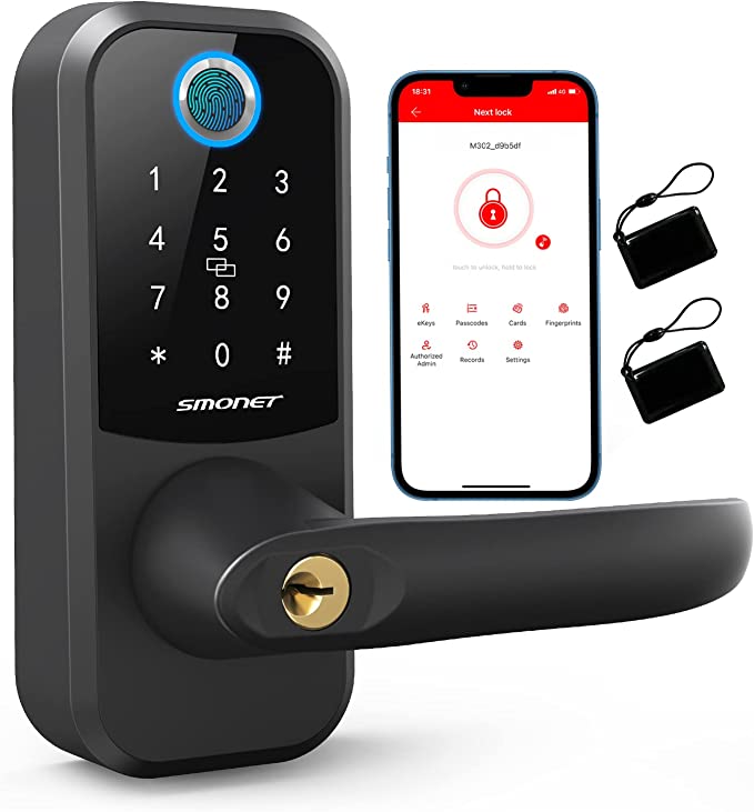 Smart Lock,SMONET Fingerprint Door Lock with Keypad,Keyless Entry Door Lock with Handle,Wireless Electronic Bluetooth Digital Auto Door Lock with Free APP Key Fob Passcode,Smart Locks for Front Door