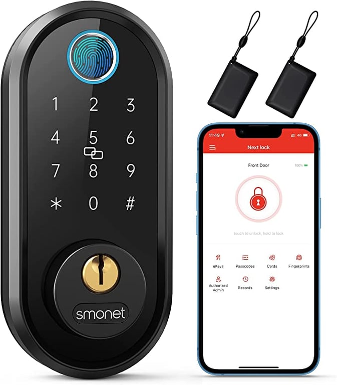 Smart Lock, Keyless Entry Door Lock for Front Door, SMONET Fingerprint Biometric Electronic Bluetooth Keypad Deadbolt with Keys, Fobs, Auto Lock, Smart Phone APP Control for Home,Apartment