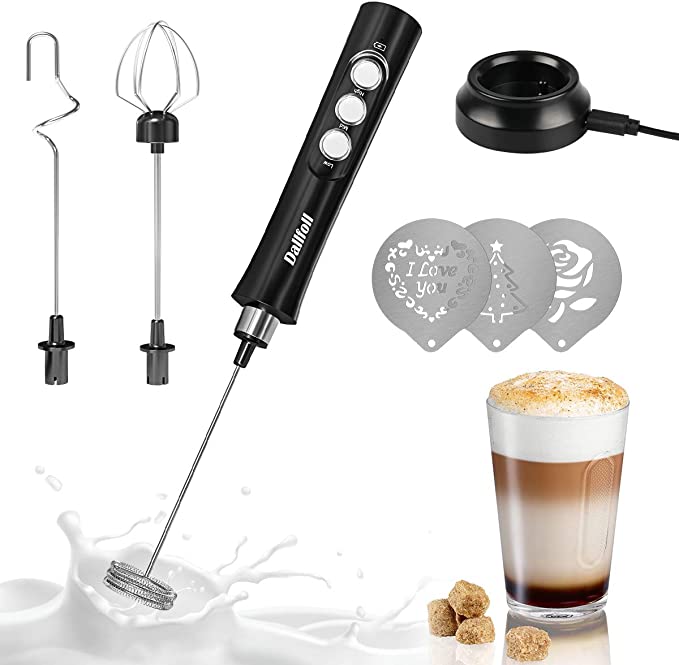 Milk Frother Handheld, Dallfoll USB Rechargeable Electric Mini Foam Maker for Coffee Lattes, 3 Speeds Milk Foamer Drink Mixer with 3 Whisks for Bulletproof Coffee, Cappuccino, Matcha