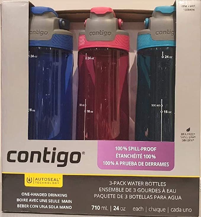 Contigo AUTOSEAL 24oz. Spill-Proof and BPA Free Water Bottle, 3-pack