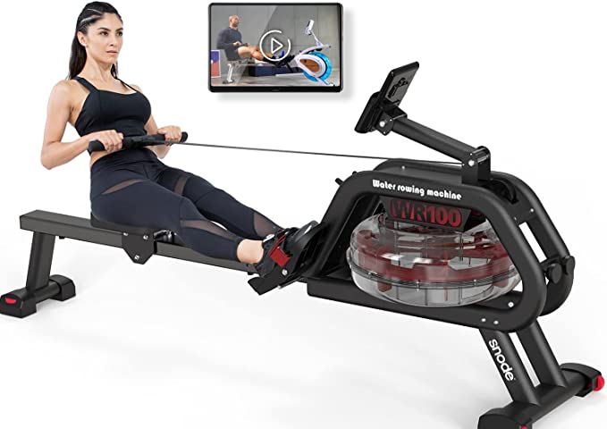 SNODE Water Rowing Machine with Bluetooth APP (Free Trainer-led Workout & Training Workout Record from snode only), Rower for Home Use, Heavy Duty Frame with 331Lbs Weight Capacity (Model: WR100)